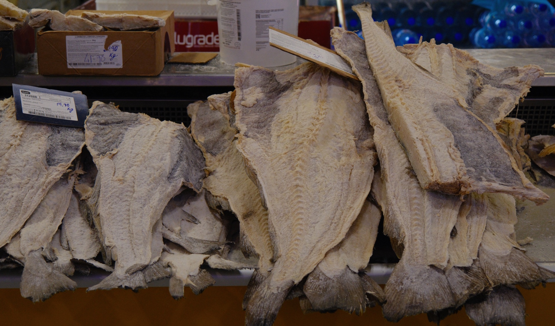 Salted codfish, a staple ingredient in Portuguese cuisine. Faro's Municipal Market.